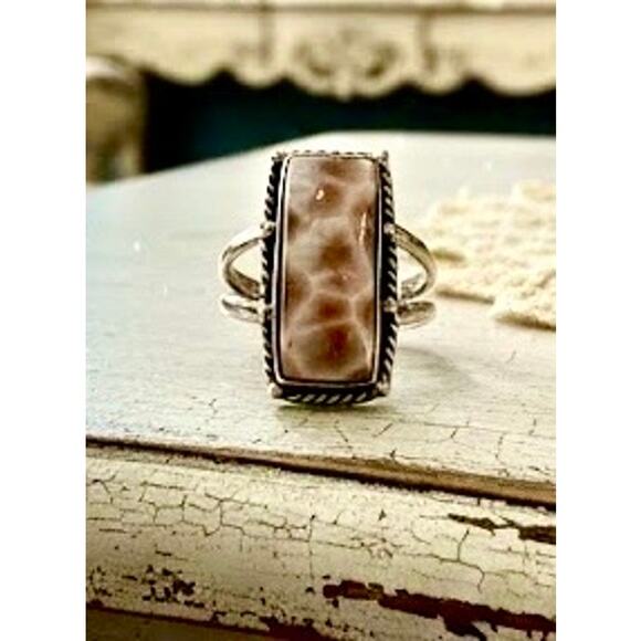 Rare! Pink Larimar Rectangle Rope Boho Ring Sterling Size 8 - Picture 4 of 6